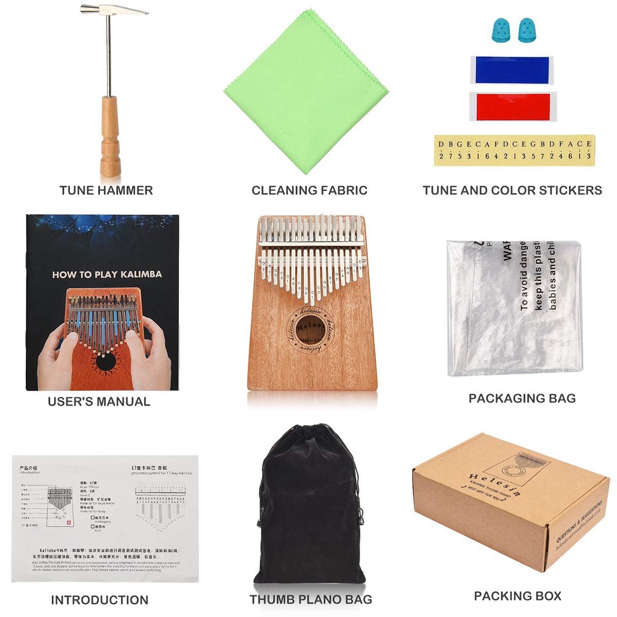 Kalimba 17 Schlüssel, Daumenklavier Kalimba Thumb Piano Finger Solide Anleitung und Stimmhammer Marímbula Mbira Holz Naturtastatur Marimba (Mahagoni)