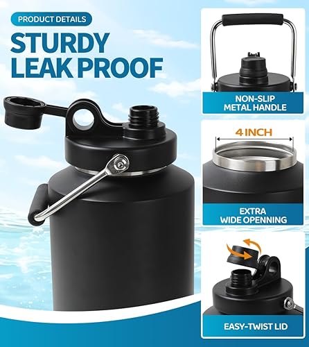 Miniatura 5 de Jarra de Agua de Galón, Botella de Agua Aislada, Jarra de 1 Galón con Asa, Botella de Agua Grande de Acero Inoxidable de 128 oz de Boca Ancha de