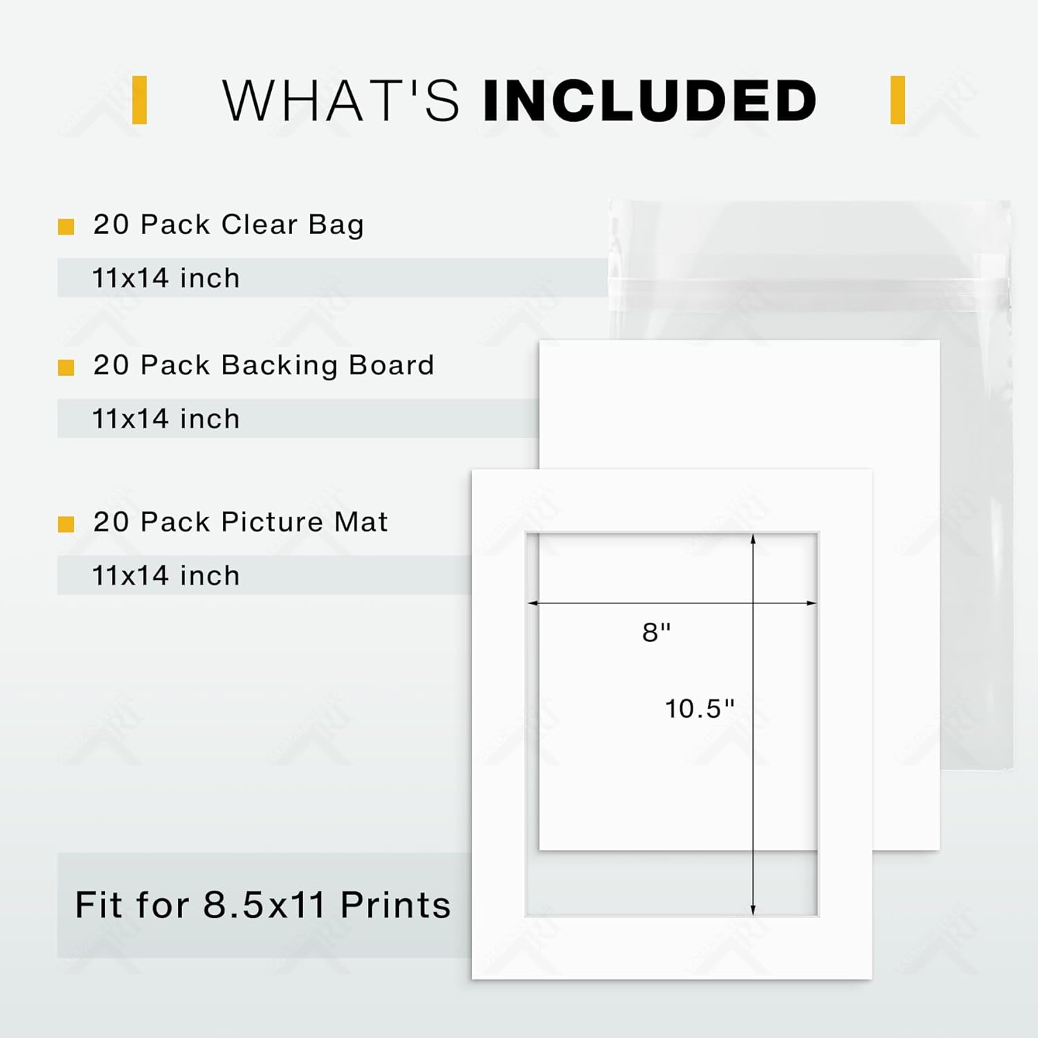 Golden State Art, Pack of 20, Pre-Cut 11x14 White Picture Mat Kit for 8.5x11 Photo, 20 White Core Bevel Cut Mattes, 20 Backing Boards and 20 Clear Bags
