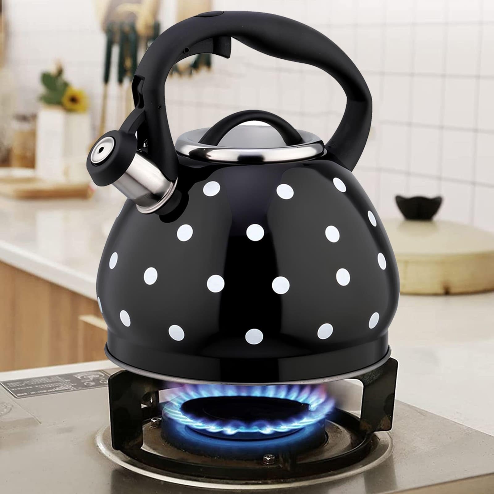 3.2 Quart Cute Polka Dot Kettle, Camping Coffee & Tea Pots, Large Teapot, One-button Opening and Closing Design, Household Stainless Steel Teapot