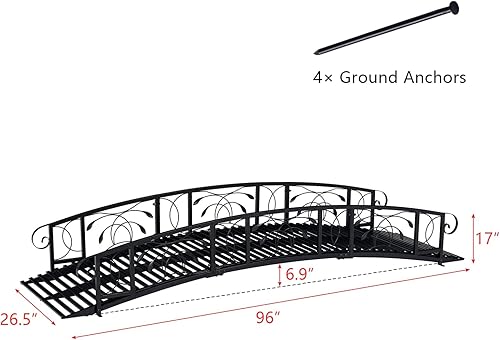 Miniatura 4 de KINTNESS Puente de jardín de 8 pies, puente de metal para camino con barras laterales de seguridad, delicado desplazamiento para patio trasero