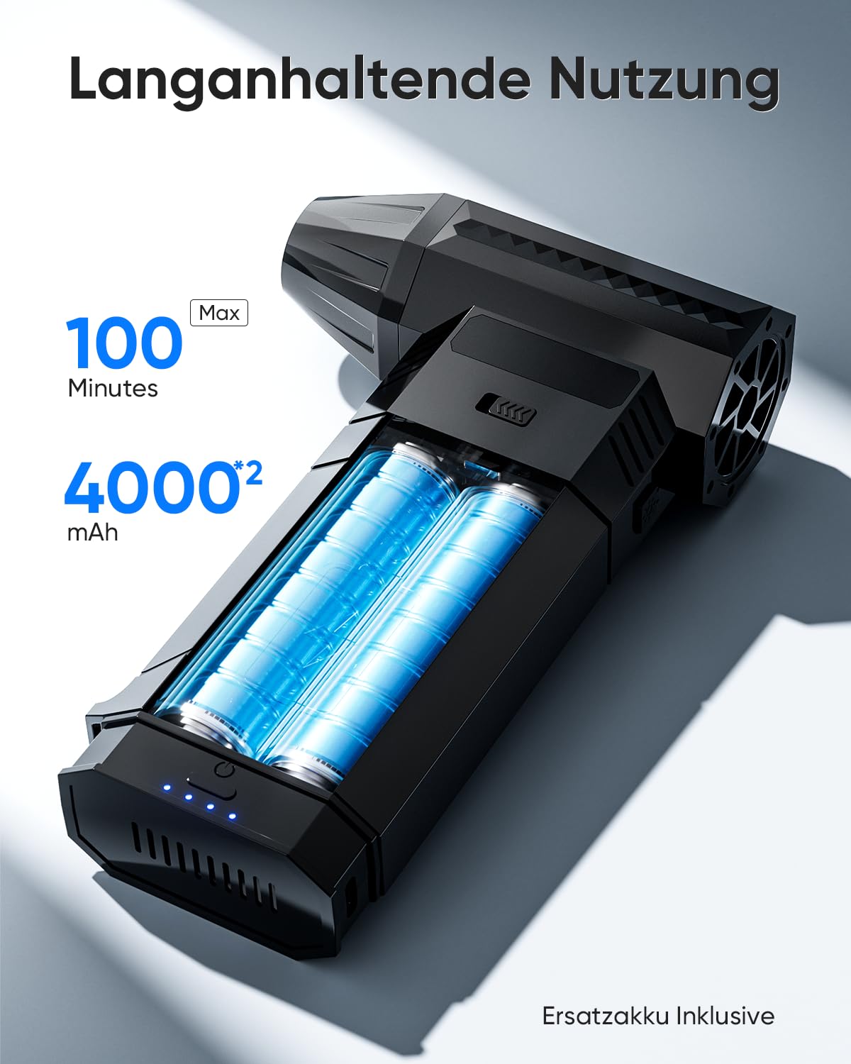 Luftduster Elektrische Staubgebläse mit 2 Modularen Wechselakkus, 220g+ Luftstrom, Druckluftspray mit 2 Magnetischen Düsen, 8000mAh Akku, 3-Gang, LED - Mini Gebläse für PC, Tastatur, Auto & Elektronik