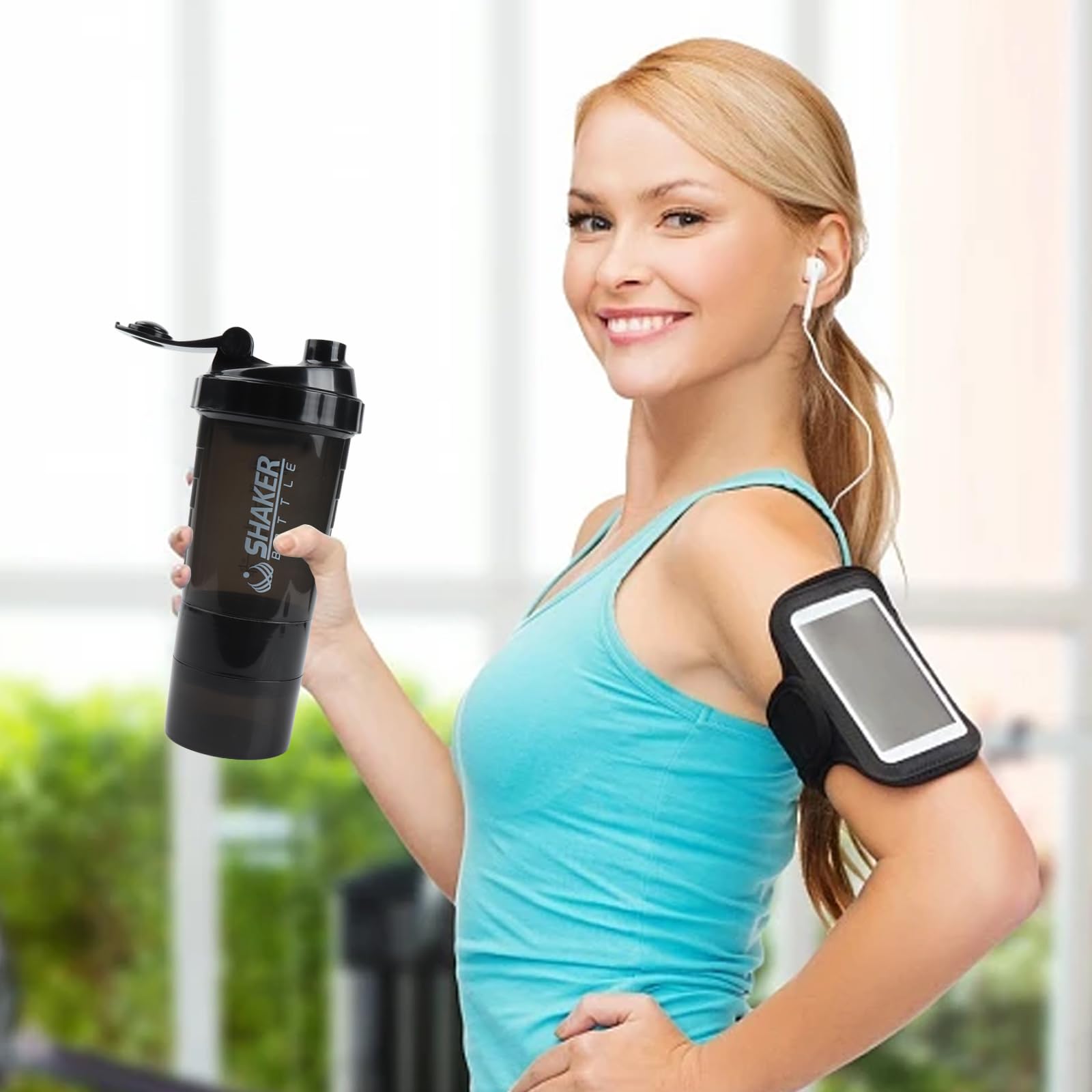 Botella mezcladora, botellas mezcladoras de proteínas de 16 onzas con bola mezcladora, taza 3 en 1 a prueba de fugas para gimnasio con almacenamiento de polvo y bandeja de píldoras, ideal para