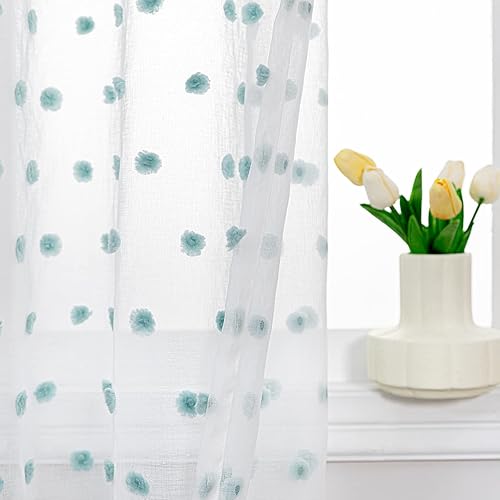 MYSKY HOME Cortinas grandes color verde azulado con pompones para sala de estar, cortinas traslúcidas color verde azulado con pompones para puerta