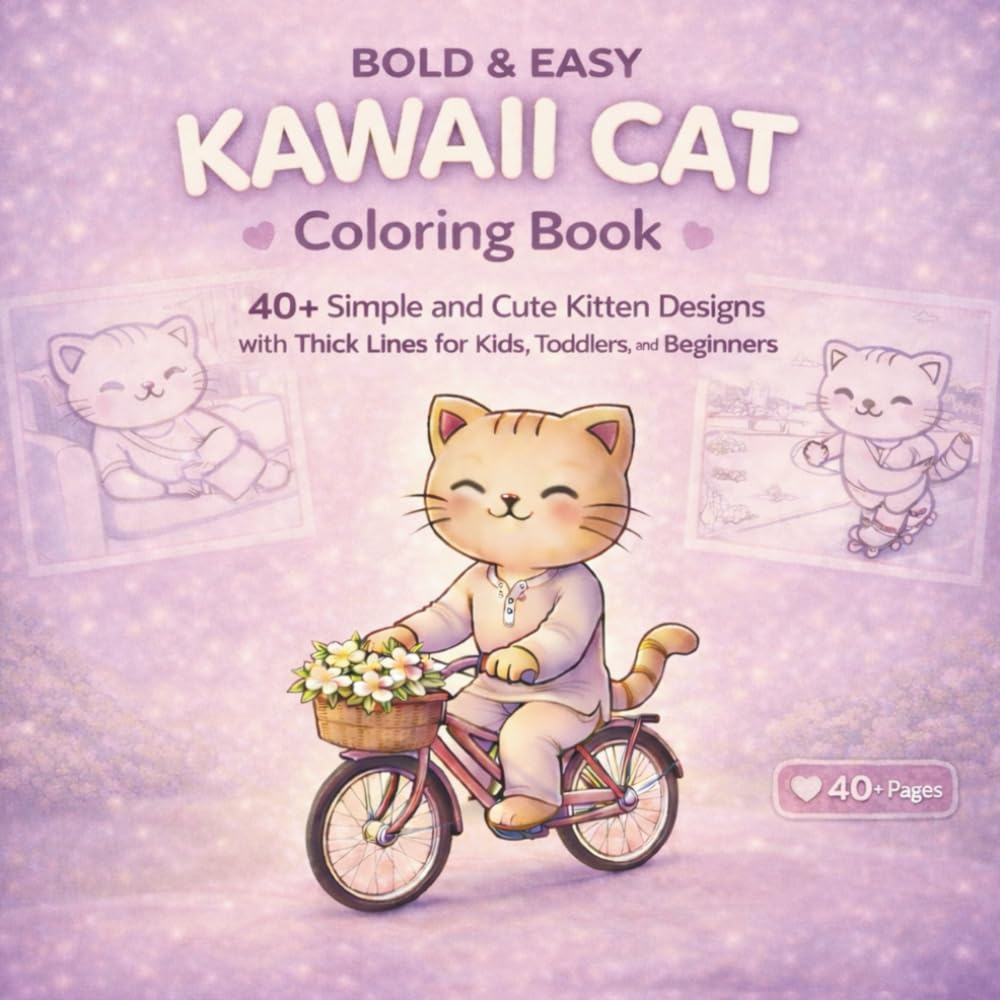 Bold and Easy Kawaii Cat Coloring Book: 40+ Simple and Cute Kitten Designs with Thick Lines for Kids, Toddlers, and Beginners