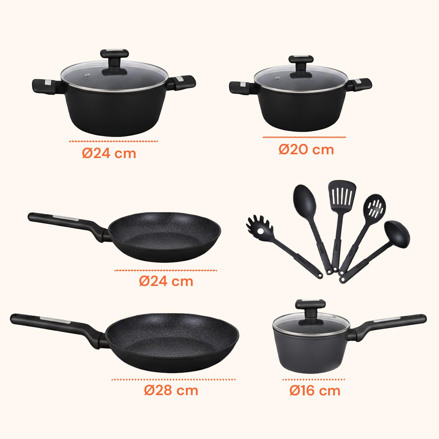 Wintem - Batteria Pentole e Padelle 13 Pezzi Antiaderenti nere per Cucina Moderna e Tradizionale Compatibile con Piano a Induzione, Rivestimento in Alluminio, Coperchi in Vetro e Manici Ergonomici