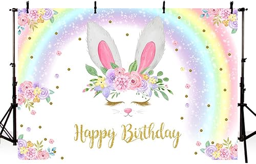 Miniatura 2 de MEHOFOND Decoración de fiesta de cumpleaños con purpurina de 8 x 6 pies, diseño floral, dorado, conejo, primavera, Pascua, fotografía, fondo, póster