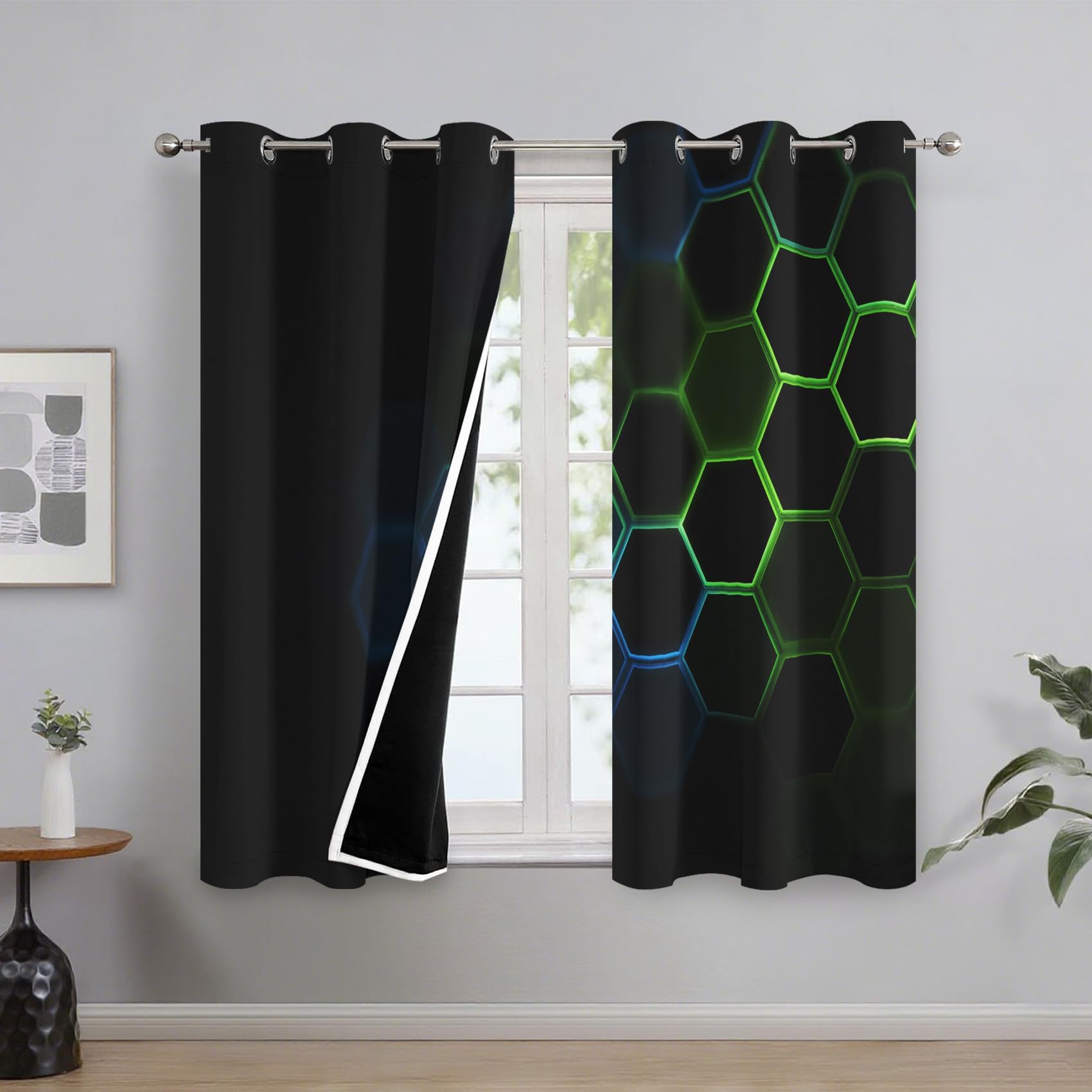 Wabenförmiger Verdunkelungsvorhang 140 x 175 cm (B x H) Geometrische Sechseckvorhänge für Jungen- und Teenagerzimmer, Wohnzimmer, Grün Blau Schwarz Modern Chic Kreative Gardinen, 2er Set