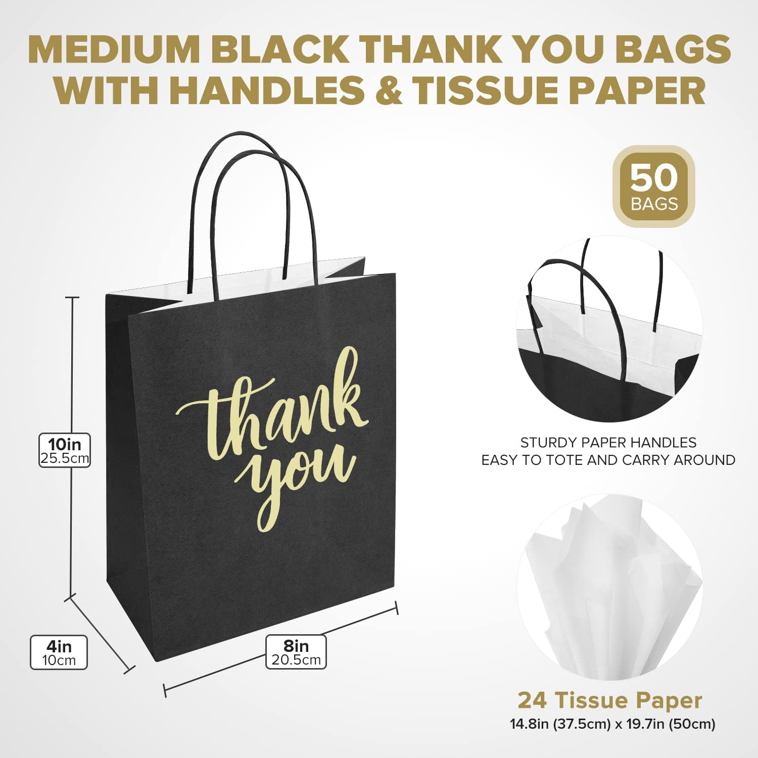 DjinnGlory 50 Pack Medium Sized Black Thank You Paper Bags with Handles 10x8x4 Inches and White Tissue Paper for Small Busines Wedding Baby Shower Graduation Party Favors Treats Goodies