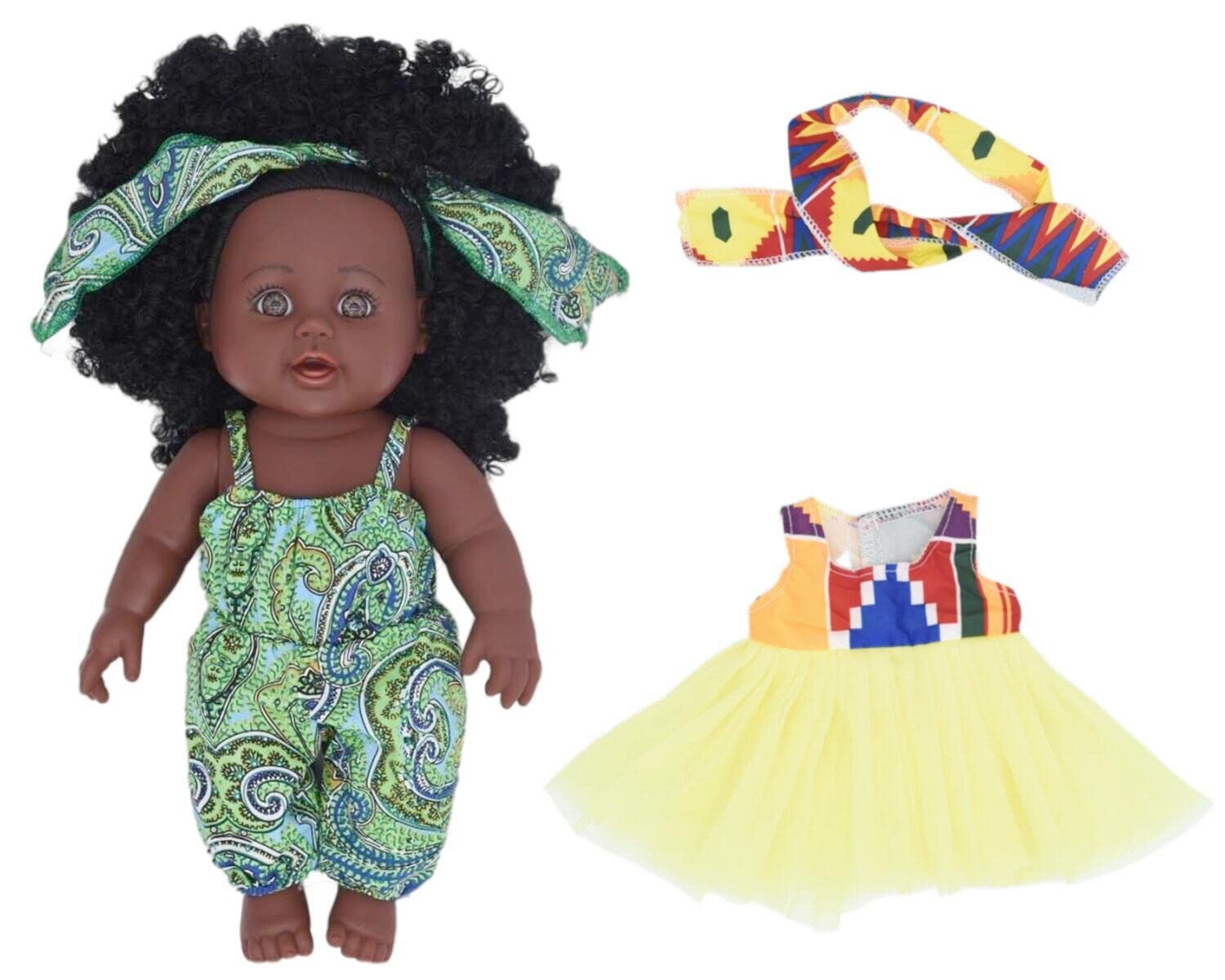 MAIHAO Black Dolls 12 Inch Realistic African American Newborn Girl Handmade Washable Reborn Baby Doll (Green)