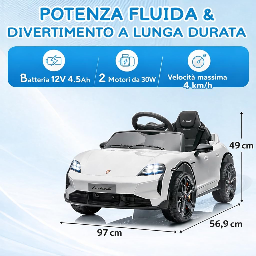 Porsche Taycan Turbo S Macchina Elettrica per Bambini 12V con Telecomando Cintura a 3 Punti Fari a Led Bluetooth Auto Elettrica Full Optional (Bianco)