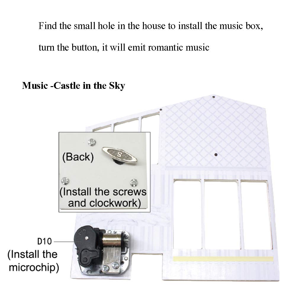 Movimiento musical para accesorios de casa de muñecas, romántica rotación manual, caja de música grande adecuada para la mayoría de casas de muñecas (castillo en el cielo) 6
