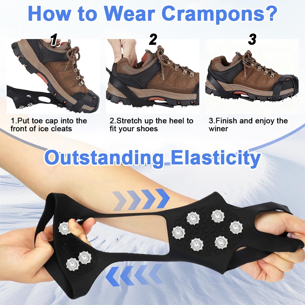 Ramponi per ghiaccio e neve, tacchetti per scarpe e stivali, antiscivolo, 10 punte in acciaio inox, protezione sicura per escursionismo, pesca, passeggiate
