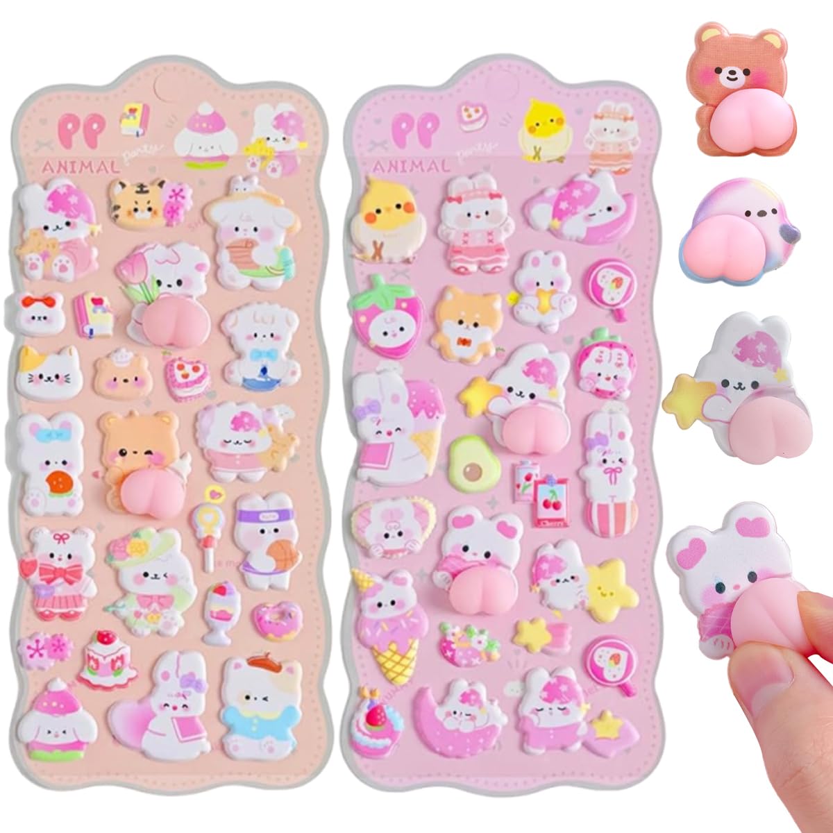 ぷにぷにシール おしり 4枚セット 3D立体ステッカー 動物 デザイン ご褒美 ふわふわ DIY 貼り付け可能 スクイーズ ご褒美 手帳 スマホケース スマホケース飾り用 手芸用品 贈り物 ギフト (ピンク+ブラウン)