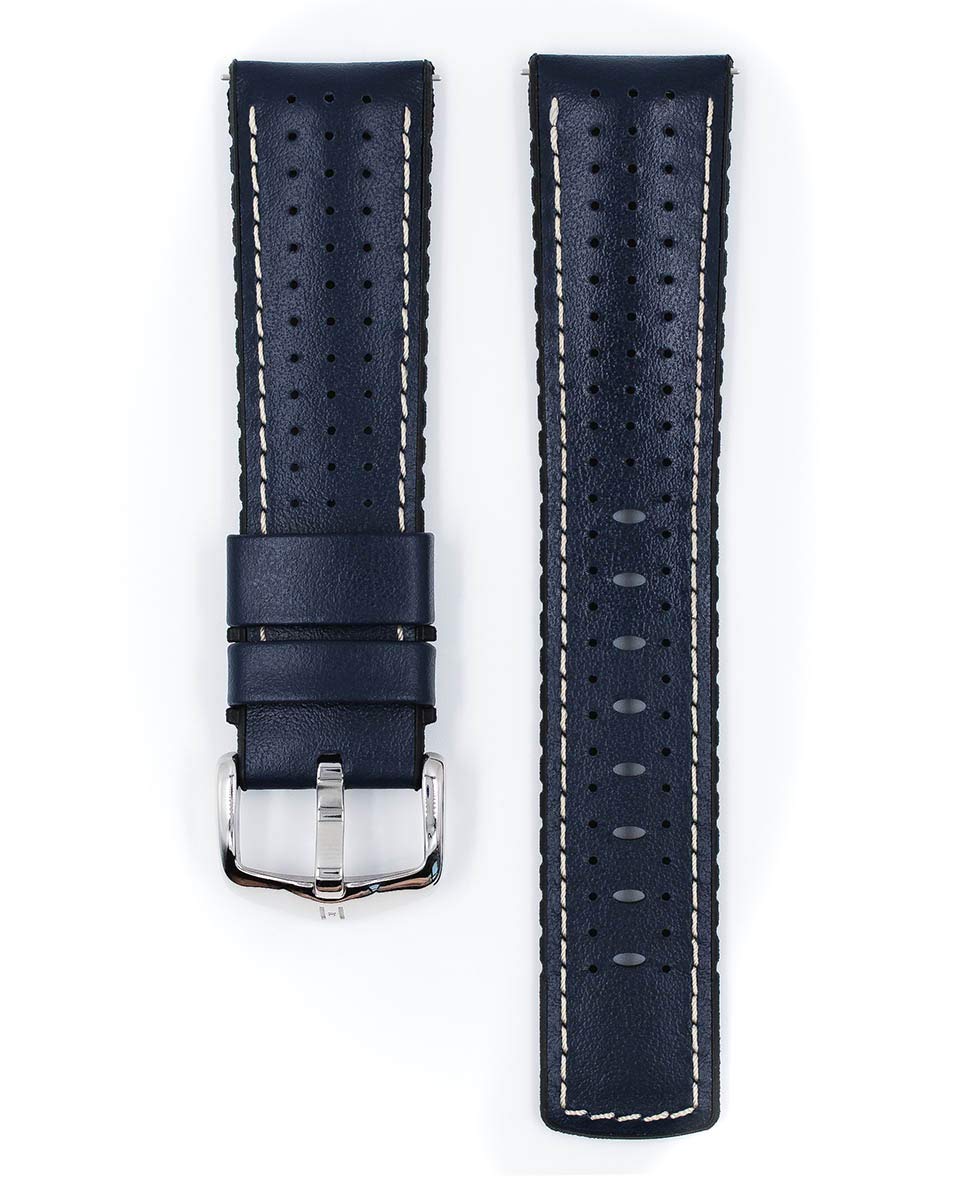 Hirsch Tiger Leather Watch Strap - Blue - L - 20mm / 18mm - Shiny Silver Buckle - Calf Leather - Performance Band