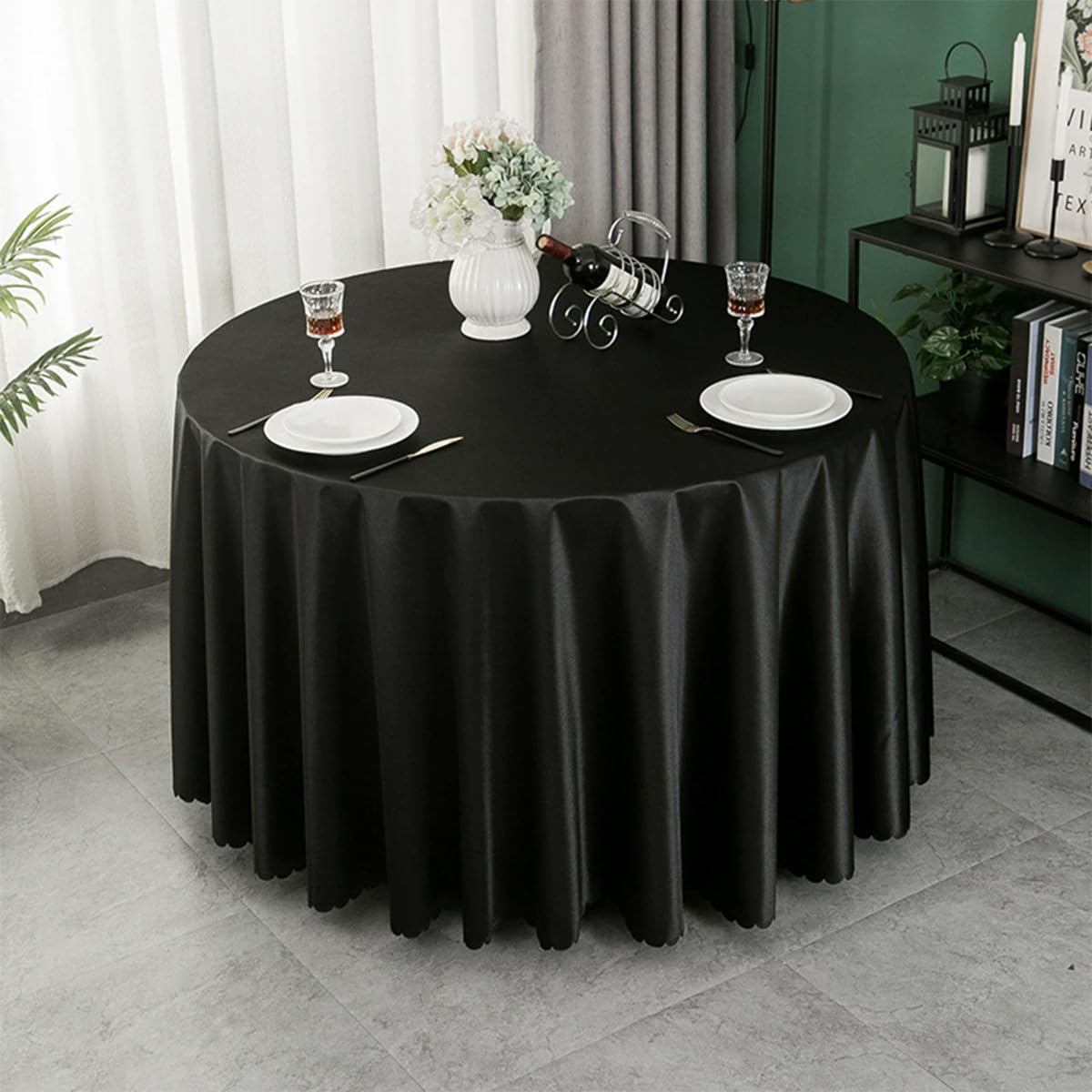 Mantel redondo resistente a las arrugas, tela satinada, elegante mantel para bodas, fiestas de cumpleaños, comedor, banquetes (negro, 238 cm, redondo)