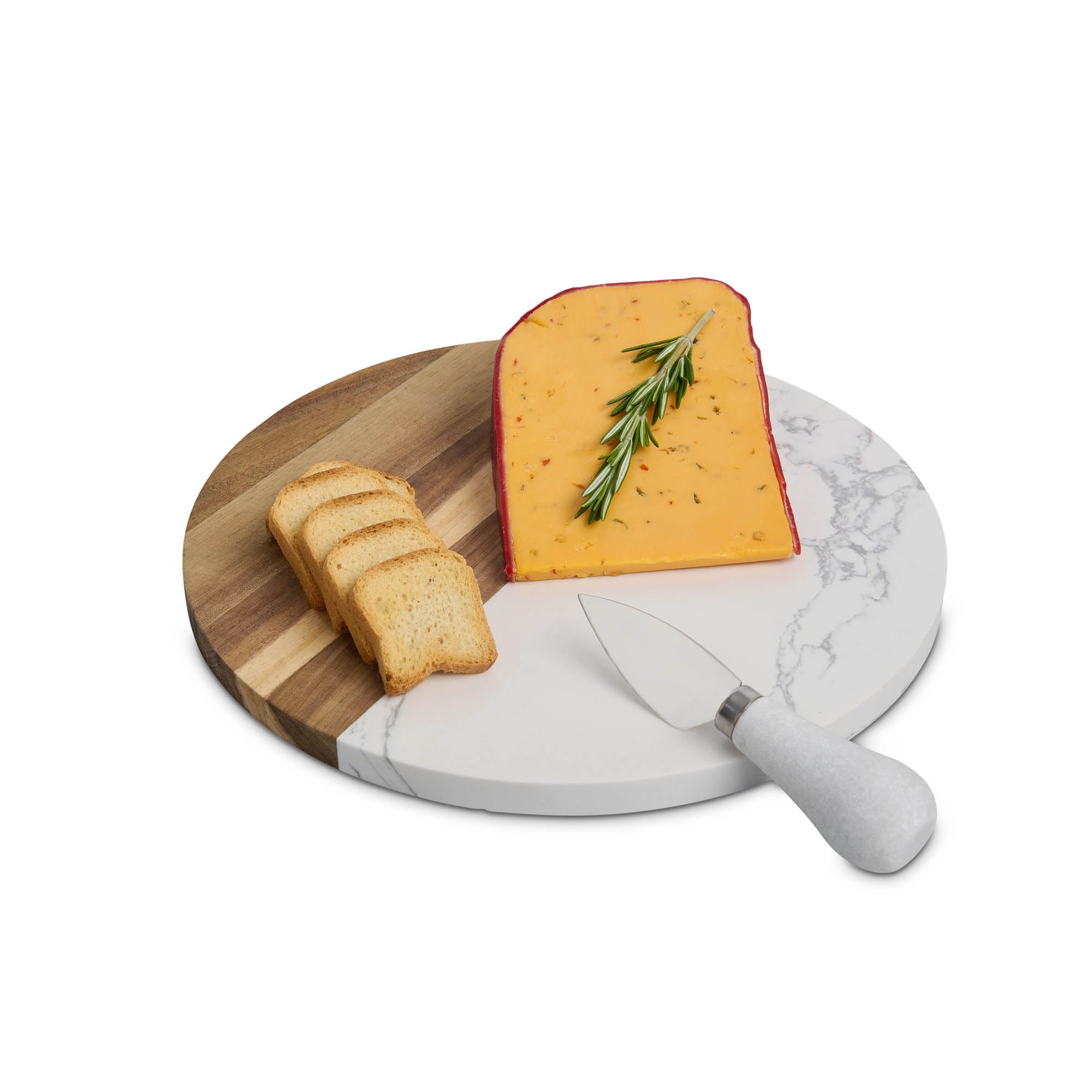 Maison du Fromage - Tabla de queso para embutidos, mármol cultivado y madera, redonda, 9.85 x 9.85 x 0.5 pulgadas