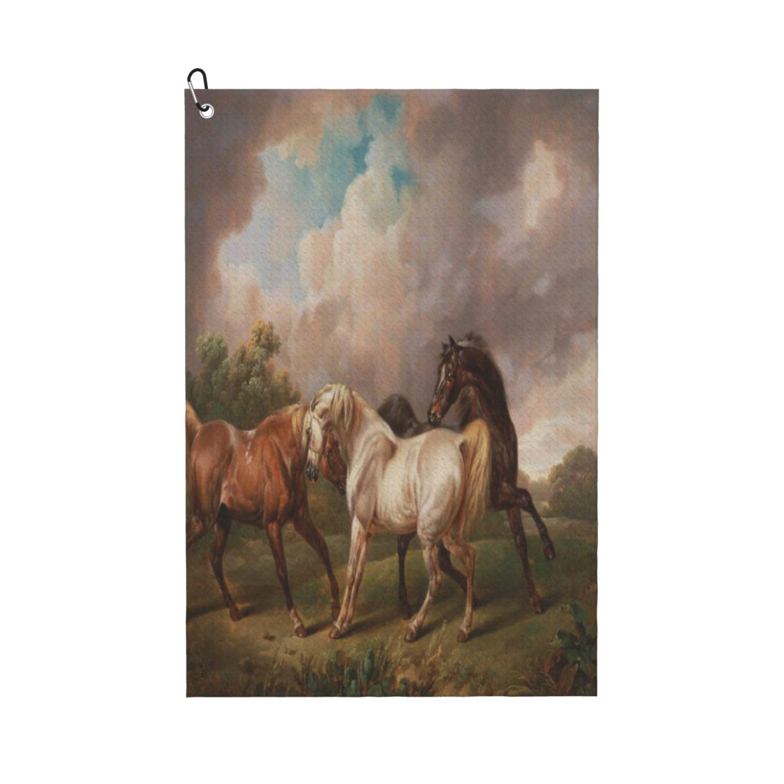 AOOEDM Three Horses Oil Painting Print Golf Towel with Carabiner Clip Absorbent Microfiber Golf Towel for Cleaning Golf Ball Club Putter Iron for Golf Bag Trolly Belt Loop 16" X 24"