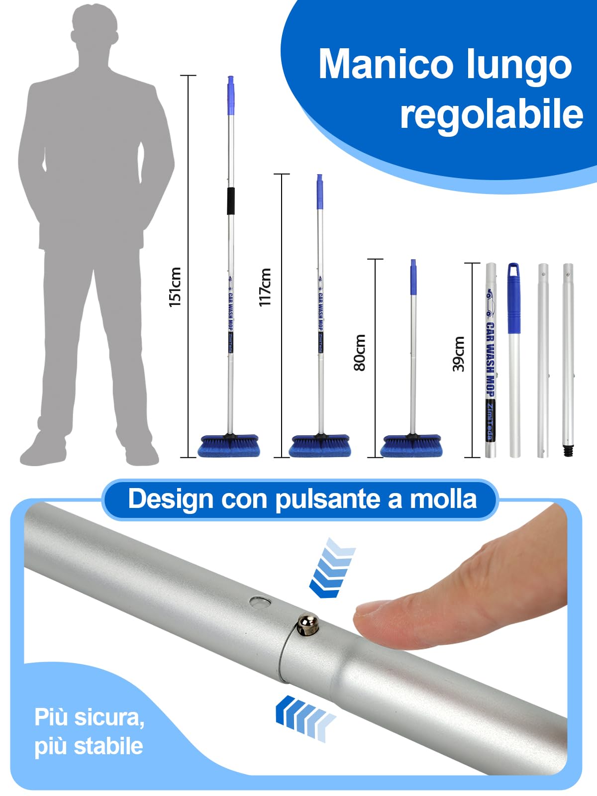 ZimiTeda Spazzola per autolavaggio con Manico Lungo in PBT, Testina Grande da 25 cm con setole morbide, paraurti in Gomma, Ideale per Ruote, Camper, SUV, Barche, Camion 151 cm