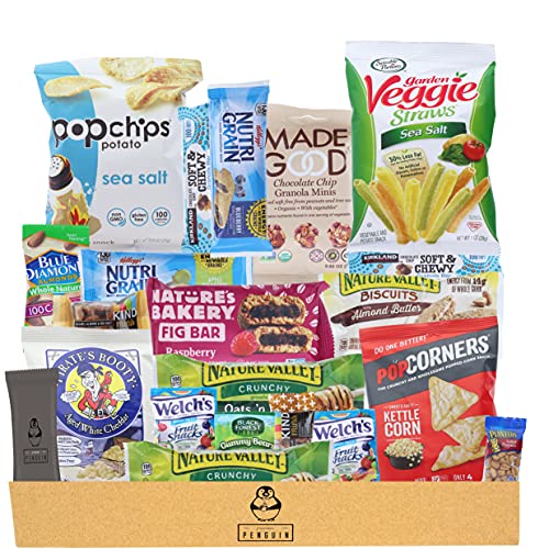 Premium Penguin Healthy Snacks Care Package - (20 Count Variety Snack Pack) An Assortment of Popcorn, Fruit Snacks, Nuts, Bars, Healthy Chips and More!