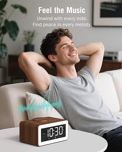 Miniatura 8 de Reloj despertador con carga inalámbrica, máquina de sonido de ruido blancomarrón, luz nocturna con altavoz Bluetooth, relojes despertadores