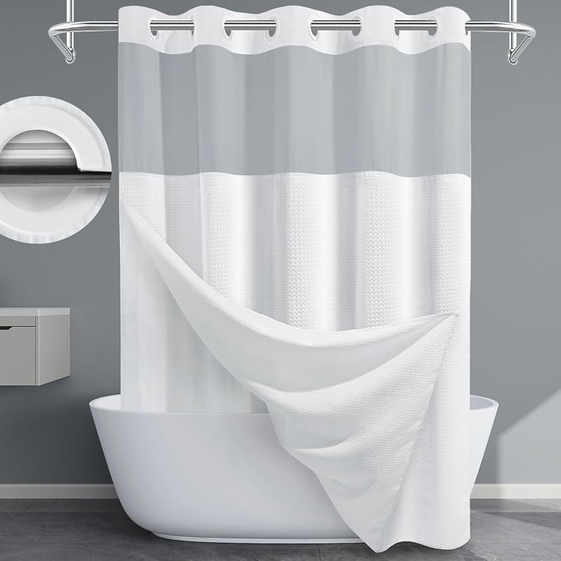 EUTXL Heavyweight No Hook Waffle Shower Curtain with Liner, 71x74, White