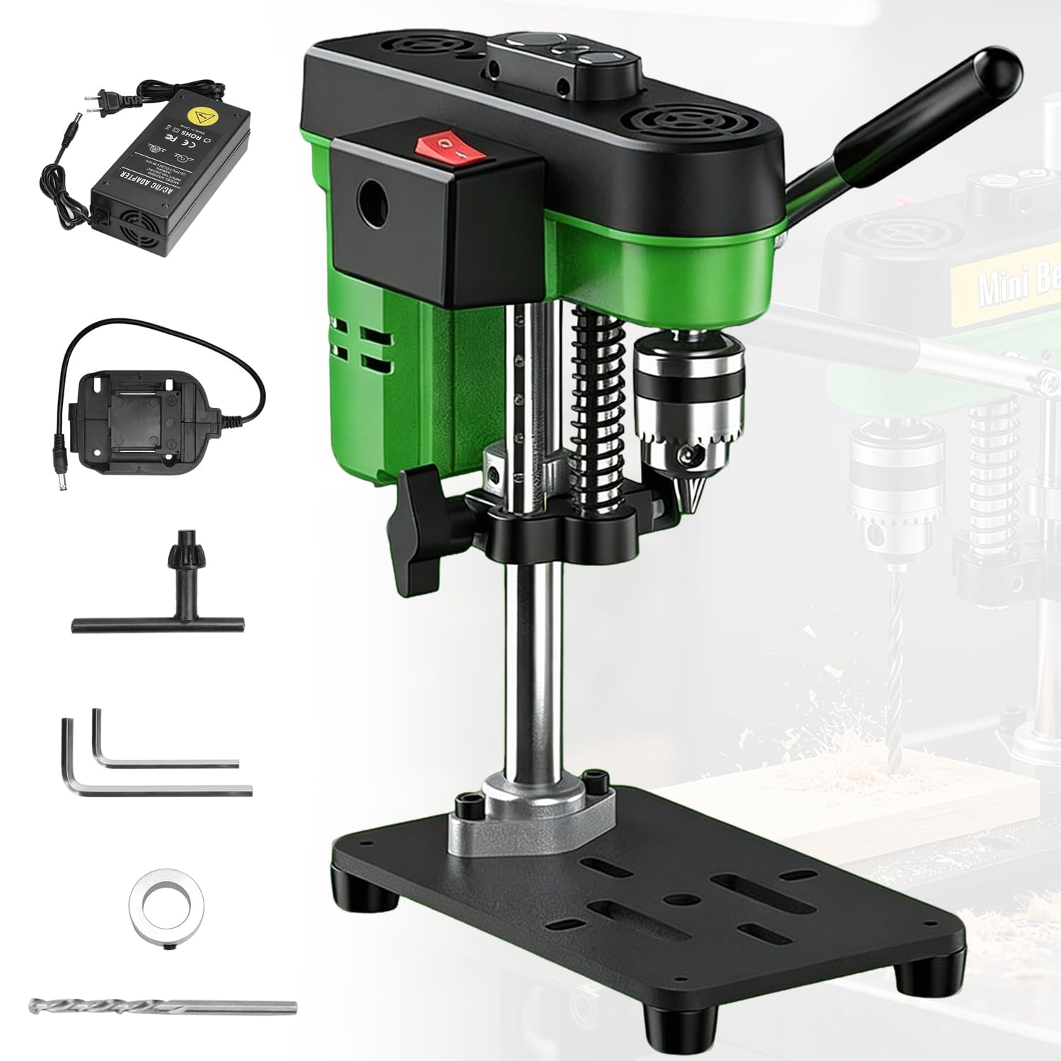 Mini Bench Drill Press, 7-Speed Adjustable Portable Pillar Drill Press with UK Plug Charger&Drill Attachment, High Precison Low Noise Precision Bench Machine for DIY Woodwork, Metal, Jewelry Craft