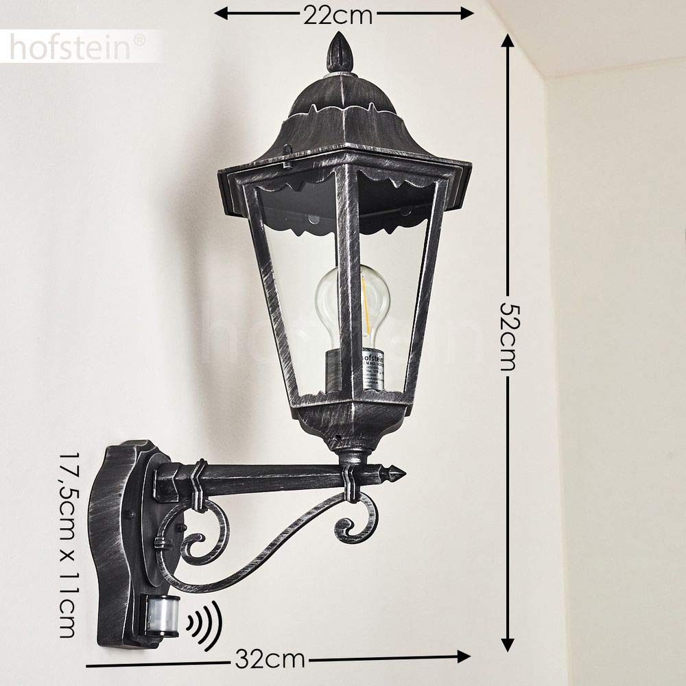 Zewnętrzna lampa ścienna Lignac w. czujnik ruchu, lampa ścienna do góry, odlew aluminiowy w kolorze czarnym/srebrnym z przezroczystymi szybami, lampa ścienna/podwórko z gniazdem E27, bez żarówki