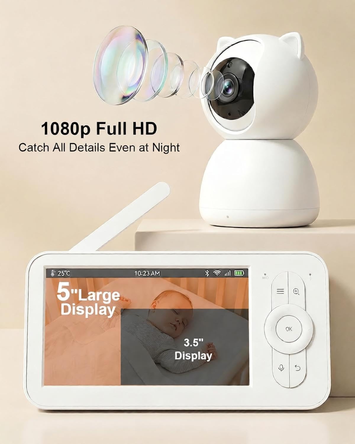 Baby Monitor con telecamera e audio, Baby Monitor video da 5 pollici senza WiFi, connessione sicura FHSS, visione notturna, conversazione a 2 vie, rilevamento pianto VOX, sensore di temperatura