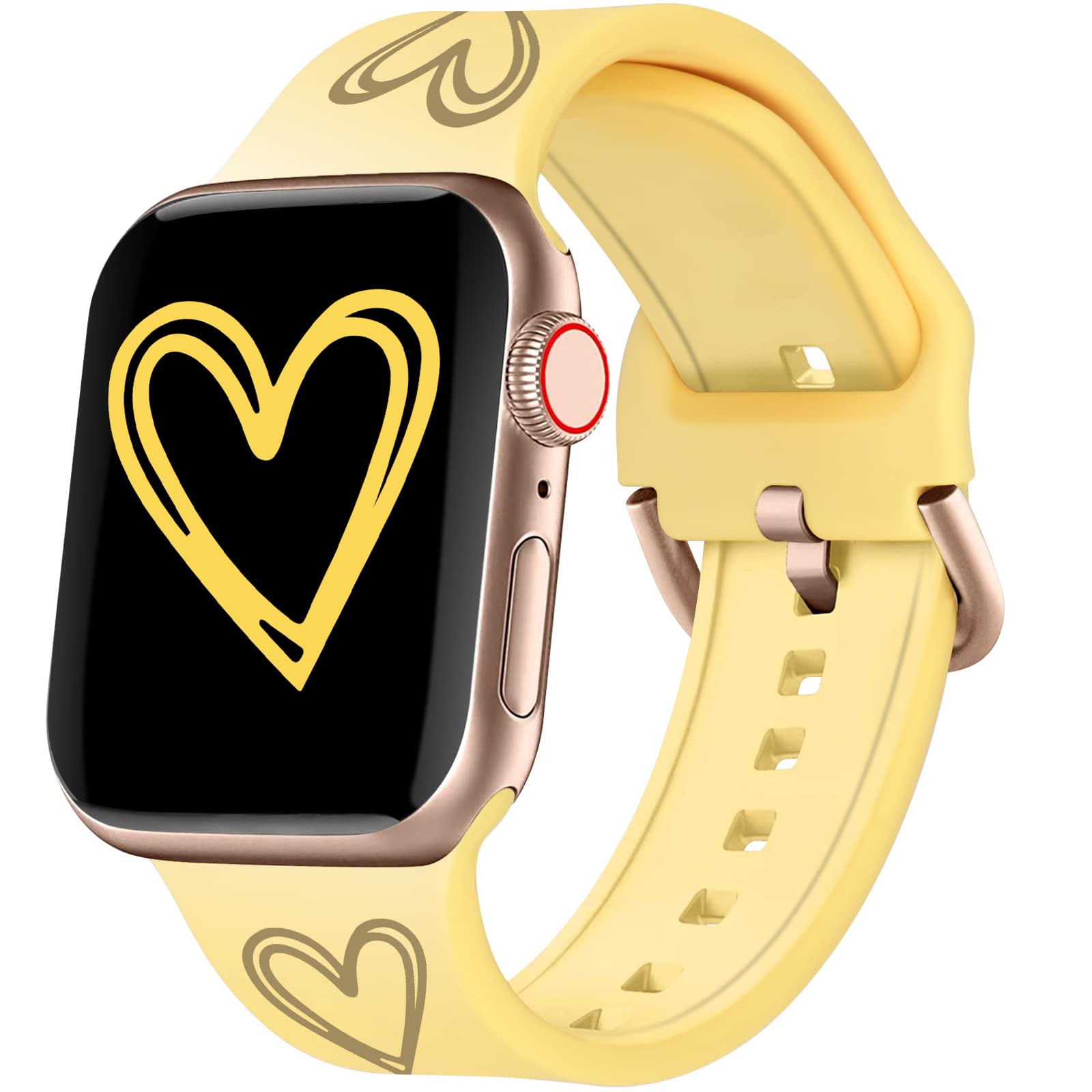 WKC Compatible with Apple Watch Bands 41mm 40mm 38mm 42mm 44mm 45mm, Soft Silicone Gold Heart Pattern Printed Sport Wristbands with Classic Clasp for