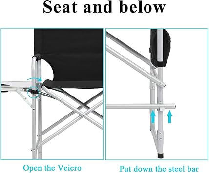 26 Tall Directors Chair Height Seat Folding with Side Table Storage Bag, Portable Makeup Artist Chair with Bar Height, Support for 300Lbs, Black (Silver White)