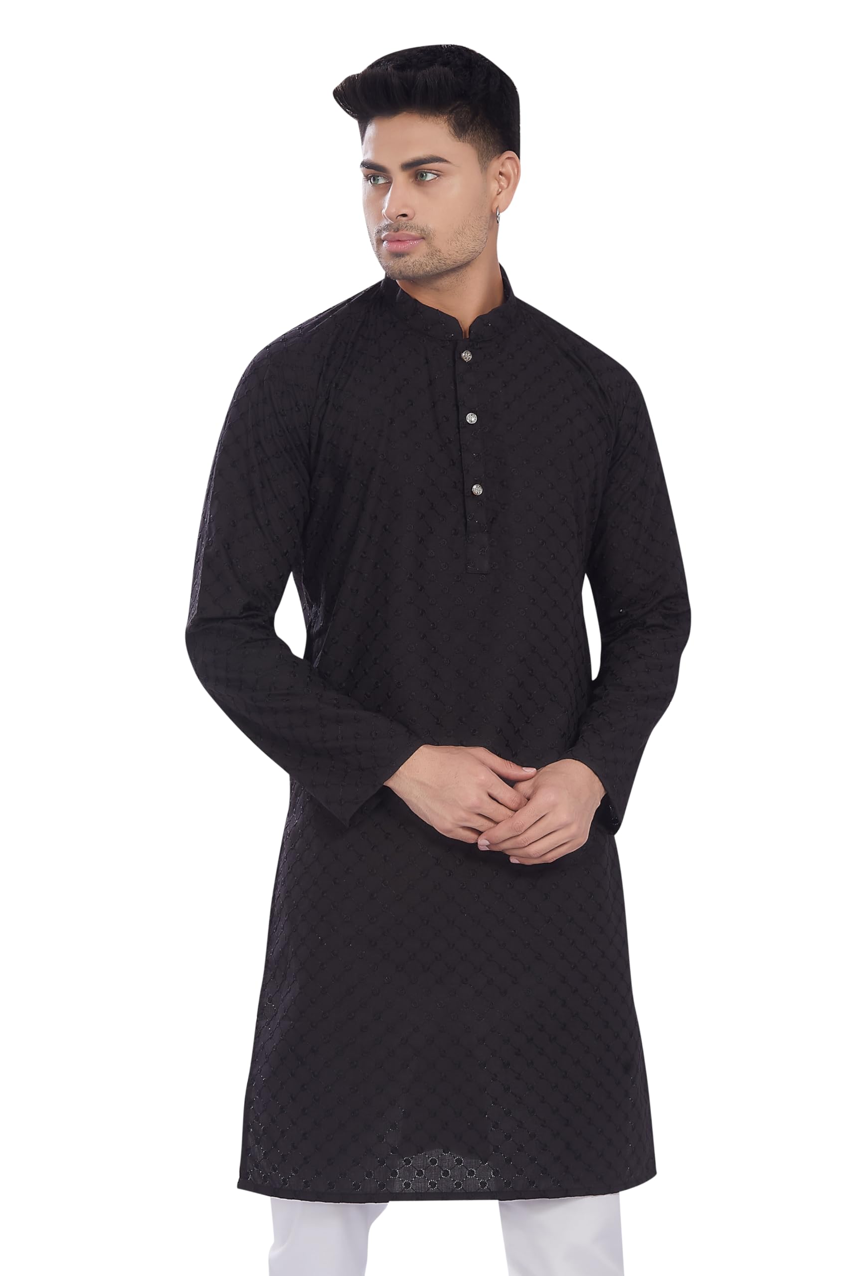 Divisive Men's Thread Embroidered Cotton Only Slim Fit Kurta (Dkrt635_S_Black)