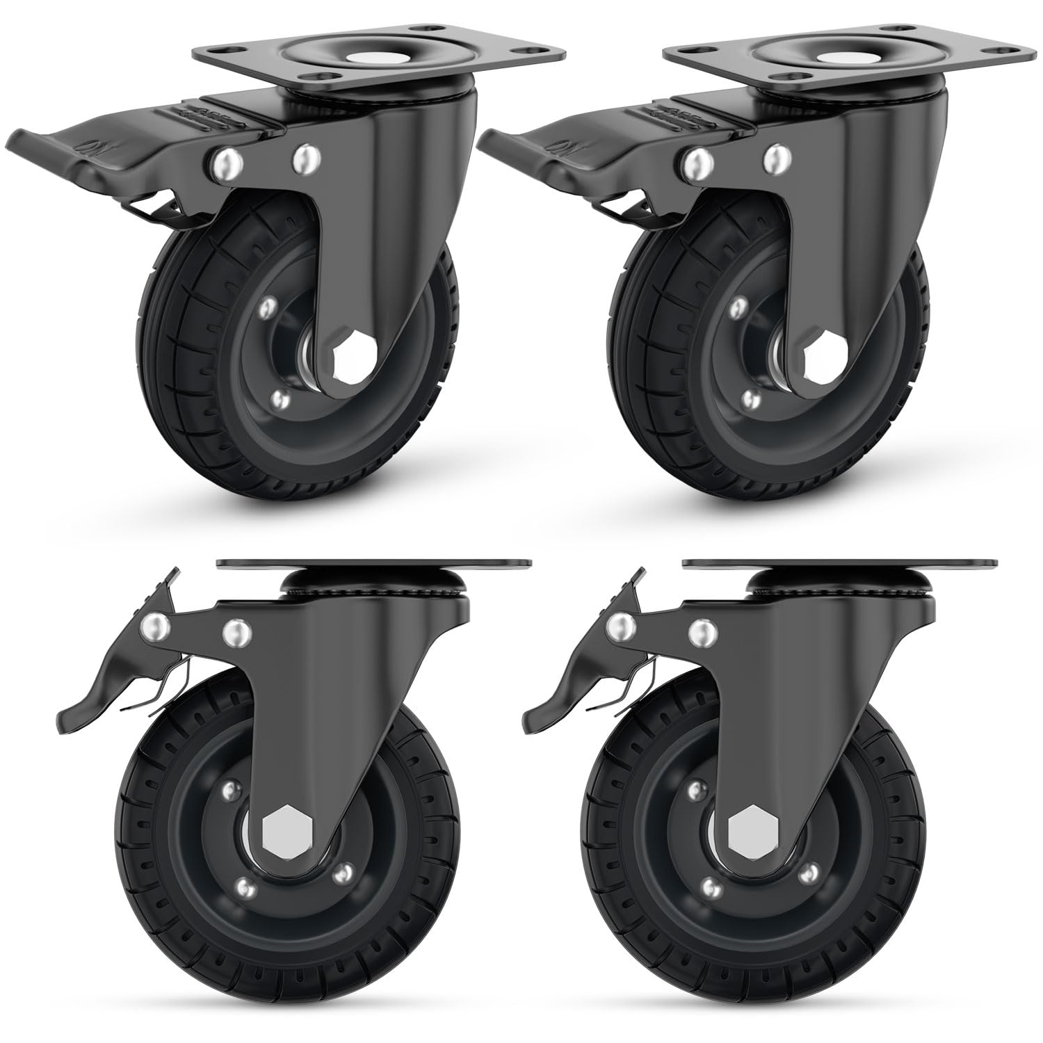 4 Inch Swivel Caster Wheels with Dual Brake, Up to 1000lbs, Set of 4, Solid Rubber, Cast Iron Rim, Plate Casters, Outdoor, Flat Free for Carts, Dolly, Workbench, Trolley, DIY Tools
