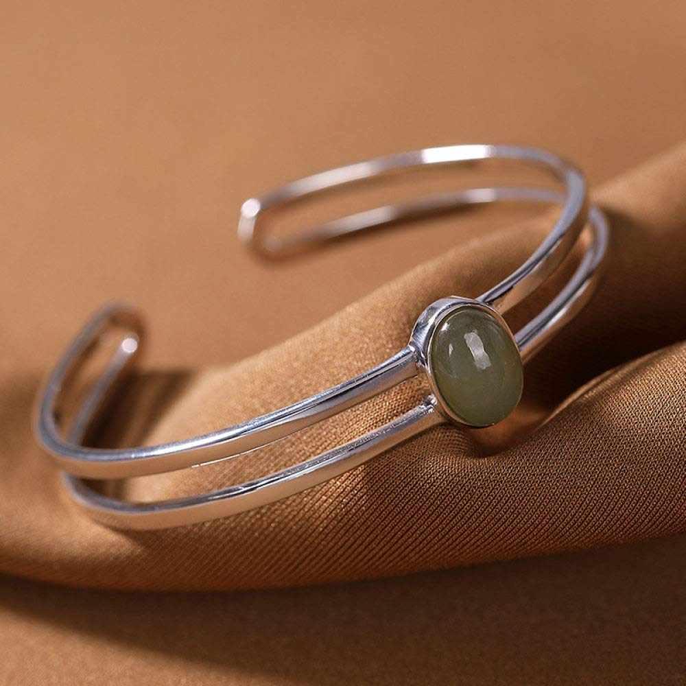 S925 Vintage Pulsera De Plata para Mujeres Hombres Oval con Incrustaciones De Jade Apertura Simple Y Sencillo Estilo Chino Personalidad Creativa Encanto Hermoso Regalo