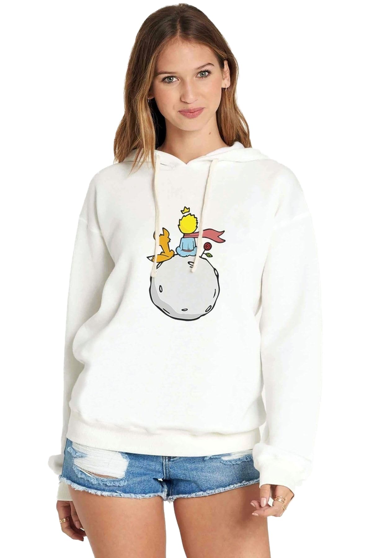 Qivi Küçük Prens Little Prince Gezegen Moon Baskılı Beyaz Kadın Örme Kapşonlu Sweatshirt Uzun…
