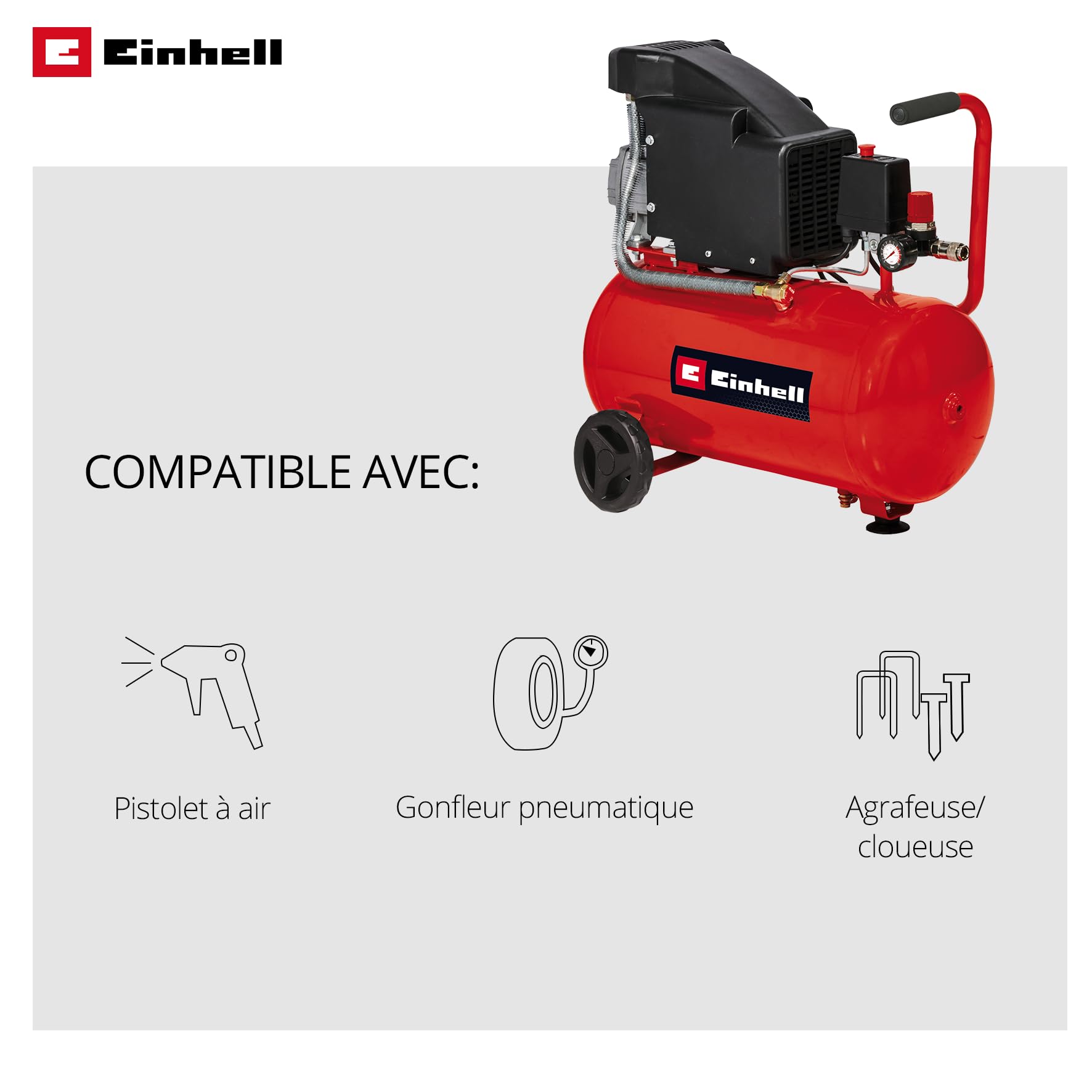 Einhell Compresseur à air TC-AC 190/24/8 (1500 W, Cuve de 24 L, Pression 8bar, Débit d'aspiration 165 l/min, Réducteur de pression)