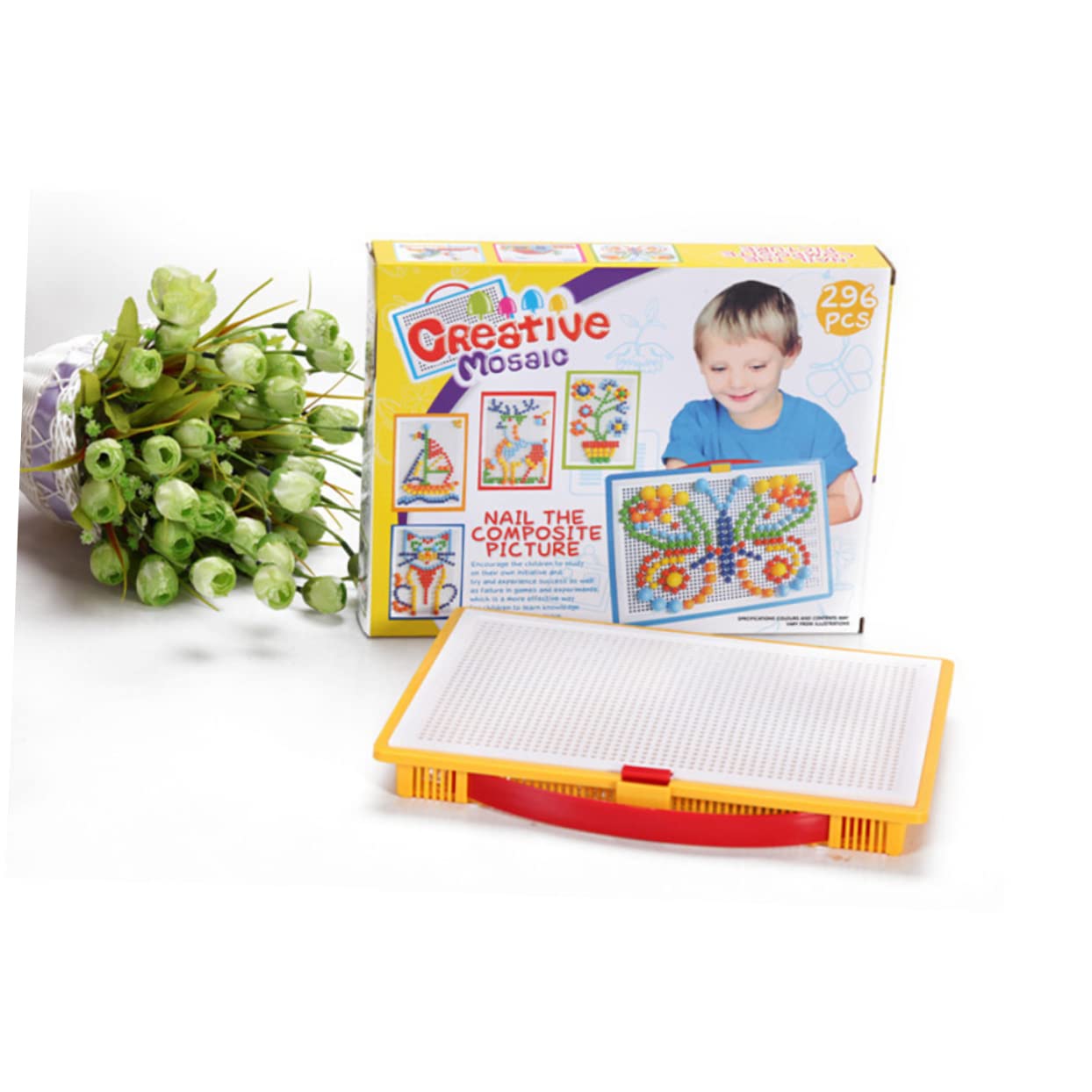 KOMBIUDA Gioco Educativo con 296 Elementi di Chiodi a Fungo in Plastica per Ragazzo Ragazza, Puzzle Creativo con Pegboard e Cestino Portaoggetti per Attività Homeschooling e Colore Casuale
