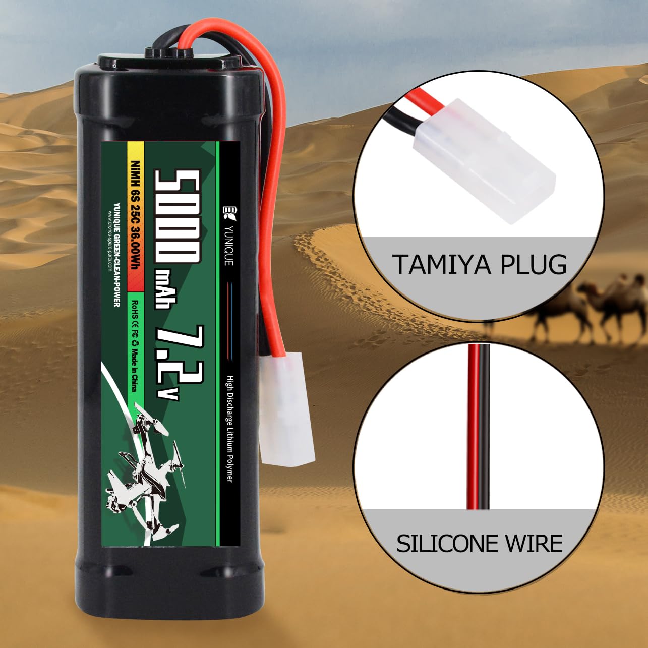 YUNIQUE GREEN-CLEAN-POWER Akumulator NiMH 7,2V 5000mAh z mocowaniem Tamiya i kablem silikonowym - 6 ogniw - Rozmiar 135 x 47 x 24 mm - Duża pojemność dla modeli RC