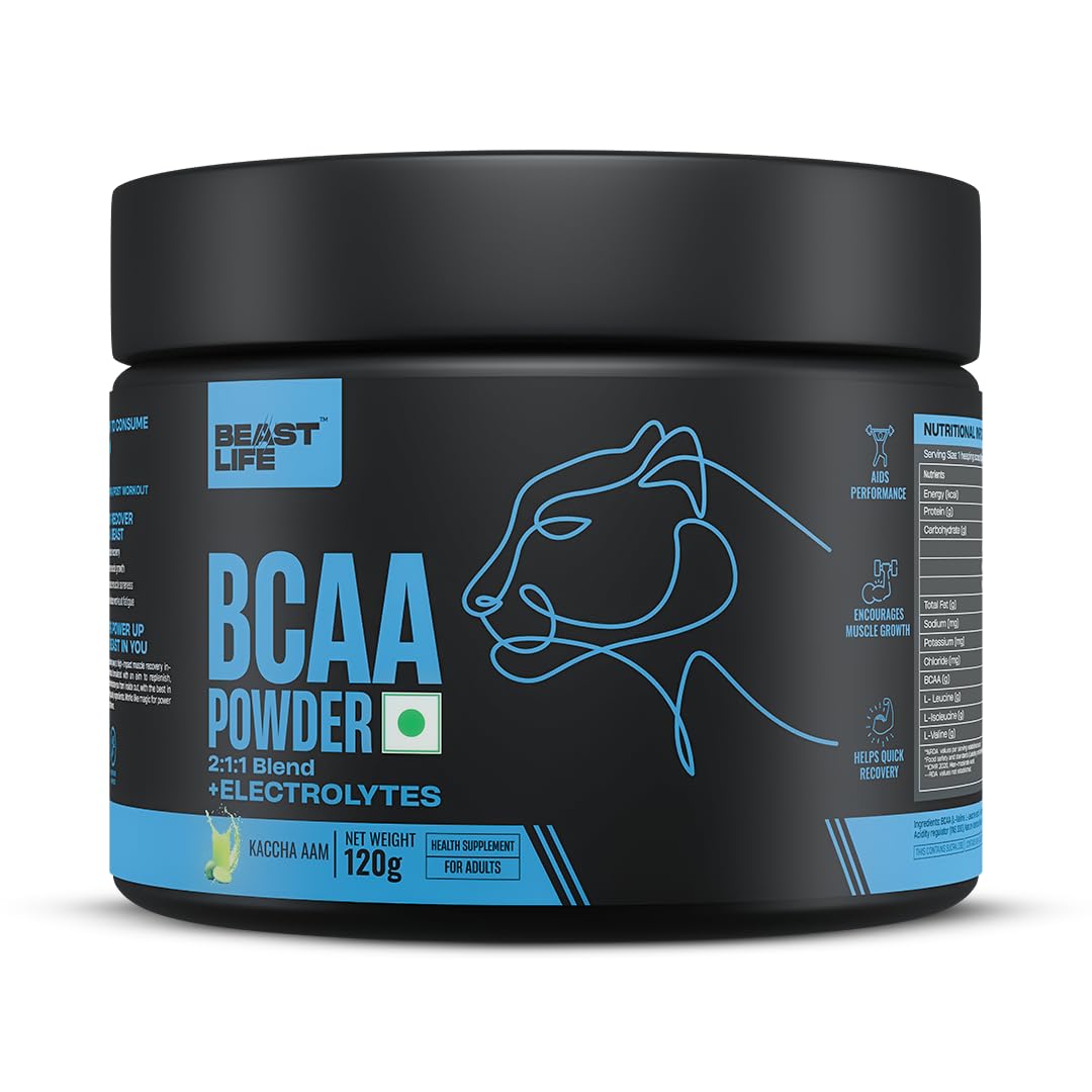 BeastLife High Recovery BCAA – Kachha Aaam Flavour | 2:1:1 Blend | 120g | Fast-Absorbing Recovery Formula | Premium Sports Nutrition for Men & Women