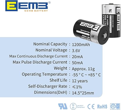 Miniatura 2 de EEMB Paquete de 50 baterías de litio ER14250 1/2AA 3.6V Li-SOCL2 Batería no recargable XL-050F SB-AA02 LS14250 TL-5902 TL-2150 para medidor de