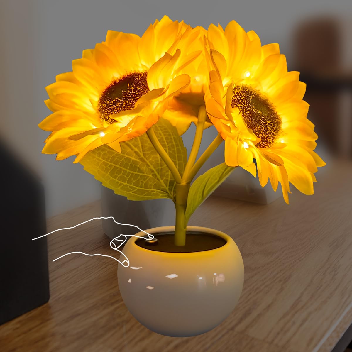 Lampada da Tavolo Girasole con Vaso in Ceramica Simulazione Fiore Luce d'Ambiente USB Ricaricabile Ornamenti per La Casa Soggiorno Matrimonio Desktop Decor