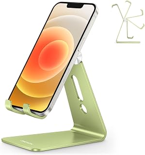 OMOTON C2 Adjustable Aluminum Cell Phone Stand with Charging Cutout, Green | Sturdy 3mm Base with Non-Slip Silicone Pads, Multi-Angle, Works with 19mm Thick Cases Smartphones, Desktop Recording Facetime