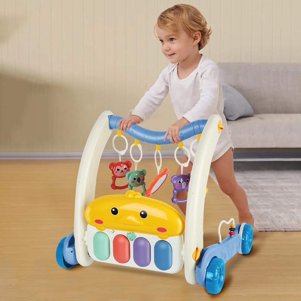 4 in 1 Carrello da passeggio per bambino con tappeto di risveglio, per ragazzo e ragazza, girello da passeggio con lavagnetta staccabile giocattolo per neonati (blu)