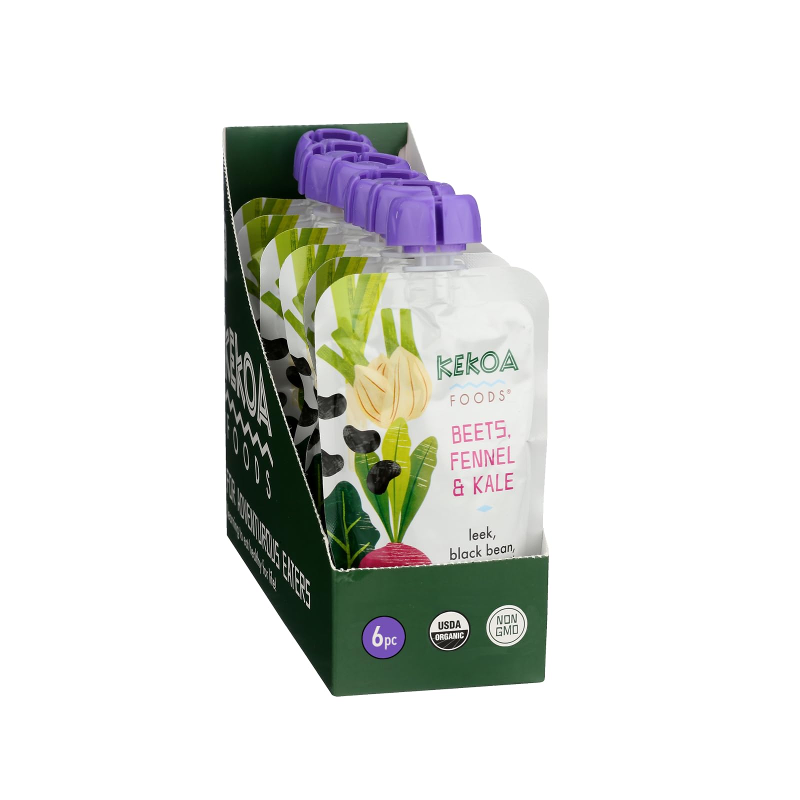 Puré de remolacha, hinojo y col rizada para bebé de Kekoa Foods, 100 % orgánico certificado por el USDA, sin azúcar añadido, orgánico, sin OMG, sin gluten, vegano, mezcla rica en nutrientes con puerros y frijoles negros, 3,5 oz
