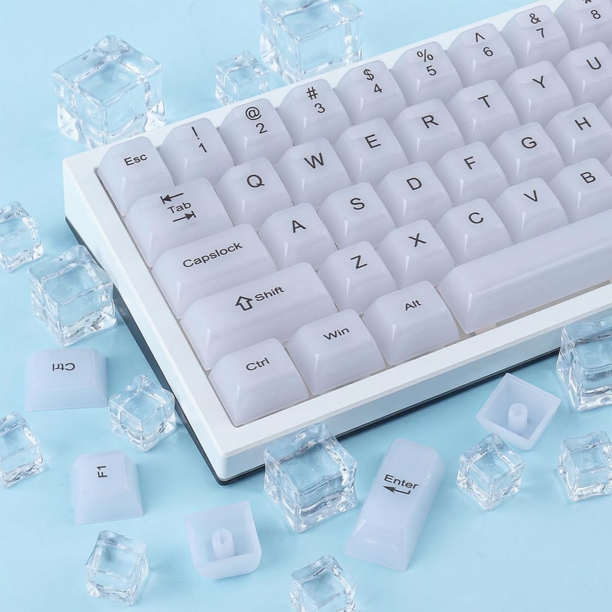 JakeTsai Crystal Jelly White Keycaps, 119 touches PC Keycaps Dye-Sub MDA Profile Translucent Custom Keycap for 61/68/84/87/98/100 Cherry Gateron MX Switches Mécaniques Keyboards