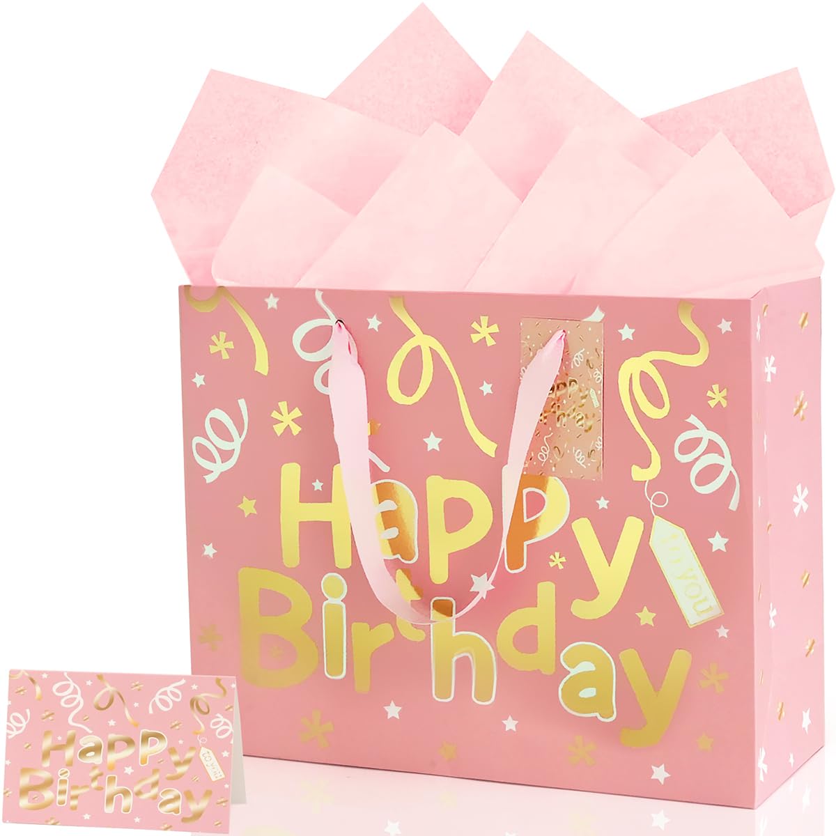 MAMUNU Pink Gift Bag Set, 13’’ Light Pink Happy Birthday Gift Bag with Tissue Paper and Greeting Card, Pink and Gold Foil Birthday Present Bag for