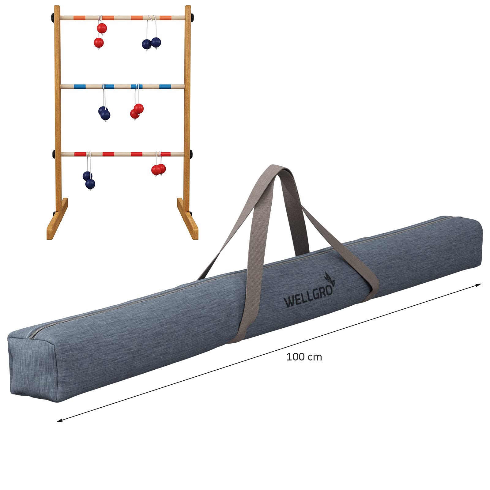 WELLGRO Leitergolf aus Holz - Kiefernholz massiv - inkl. Aufbewahrungstasche und Spielanleitung - Wurfspiel, Geschicklichkeitsspiel, Leiterspiel