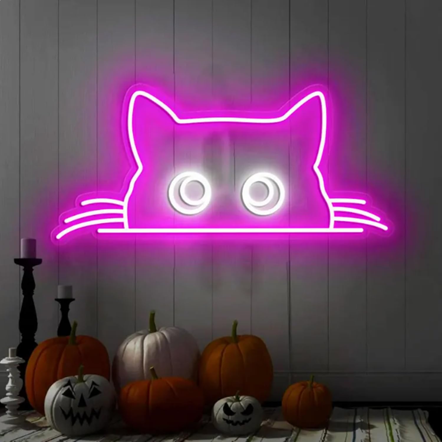 Pink Peeking Cat Neon Sign 16" x 10" with Dimmable Switch for Wall Decor, USB Powered Halloween Neon Sign for Bedroom, Living Room, Spooky Party, Indoor Home Display