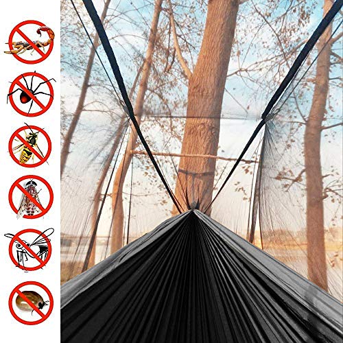 Single & Double Camping Hammock With Net Mosquito/Bug | Included Tree Straps And Carabiners, Parachute Nylon | Easy Assembly, Lightweight, Portable | Indoor Outdoor Backpacking - Twin Size, Black Gray #TOP5