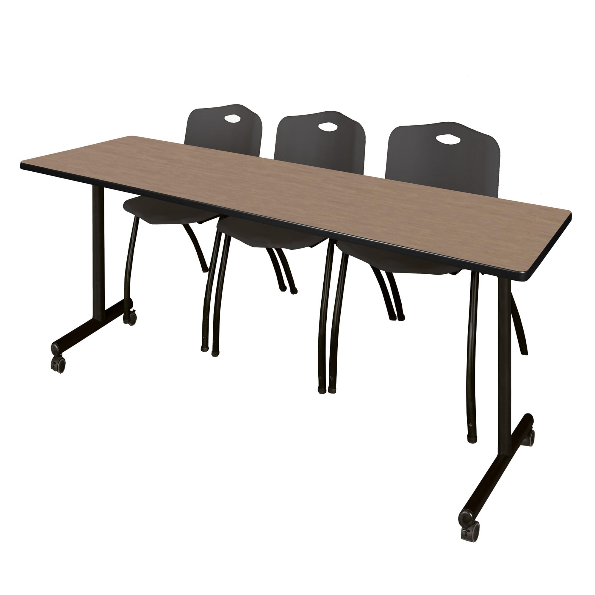 Romig Axis-Pro 84 x 24 in. Mobile T-Base Training Table- Noble Oak, 2 M Stack Chairs- Black